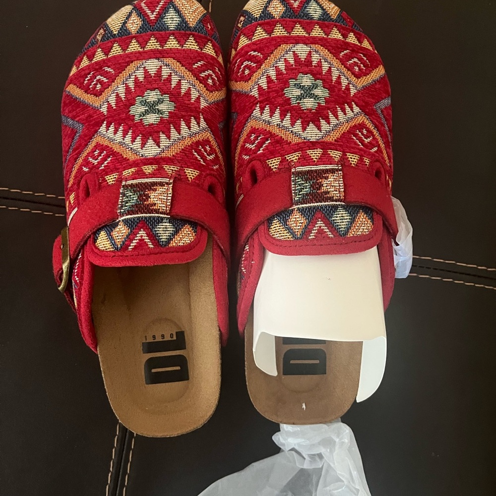Red Patterned Slip-On Sandals